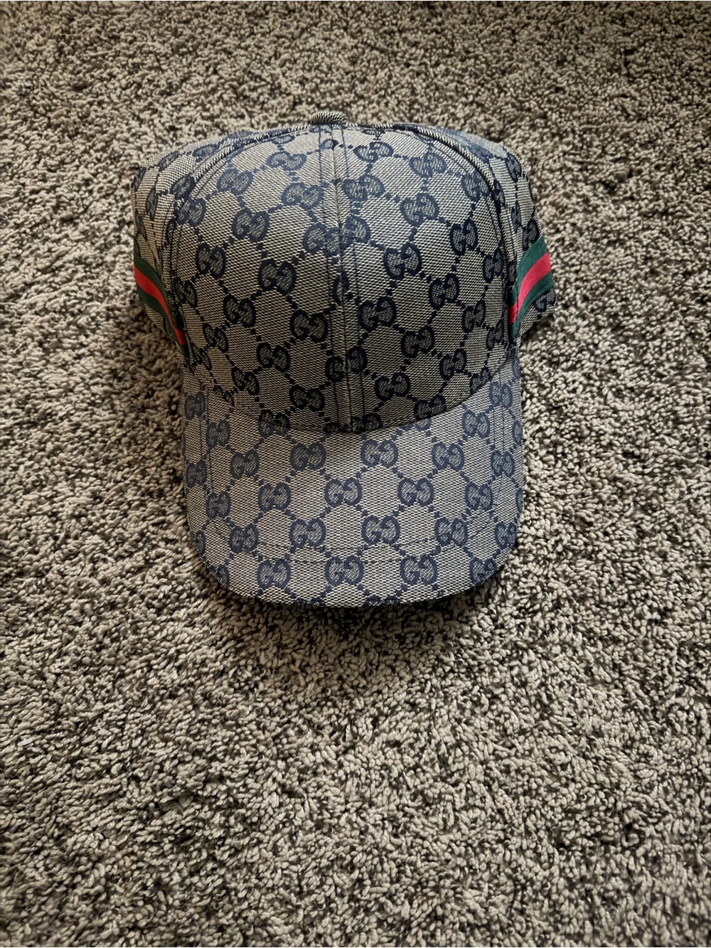 Gucci Beige & Navy GG Monogram Baseball Cap with Green-Red Stripe